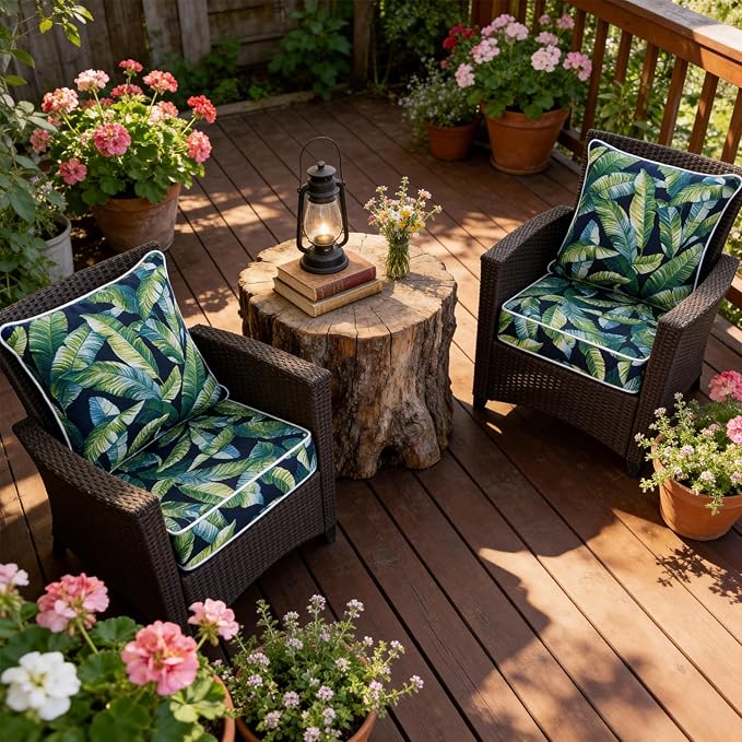 COZYVIDA Outdoor Deep Seat Cushion Set of 2, 22"x24" Seat & 23"x19" Back,Water-Resistant Breathable Fabric,UV-Resistant 1000+ Hrs, 30D Foam with Recycled Fiber Fill and YKK Zippers,Tropical Leaf