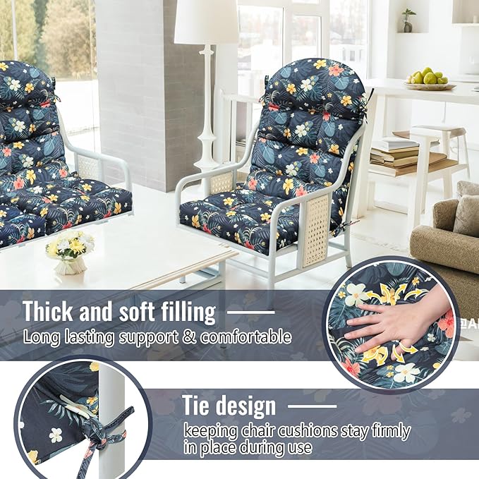 Geelin 4 Pcs Adirondack Chair Cushion High Back Patio Rocking Chair Cushion 44 x 19 x 4 Inch Tufted Weather Resistant Fade Resistant Seat for Patio Rocking Seat (Flowers)