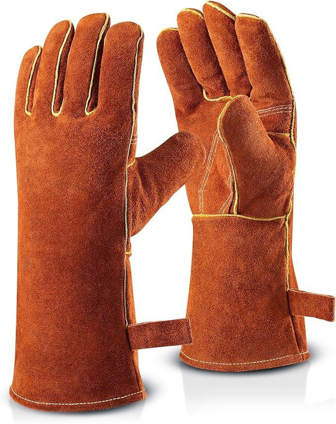 OZERO Welding Gloves for Men, 14-Inch Cowhide Leather Heat Resistant Work Gloves, EN388 EN407 EN12477 Type A Certified, Reinforced Palm, Insulated Lining, Long Cuff for BBQ Grill Oven, Brown