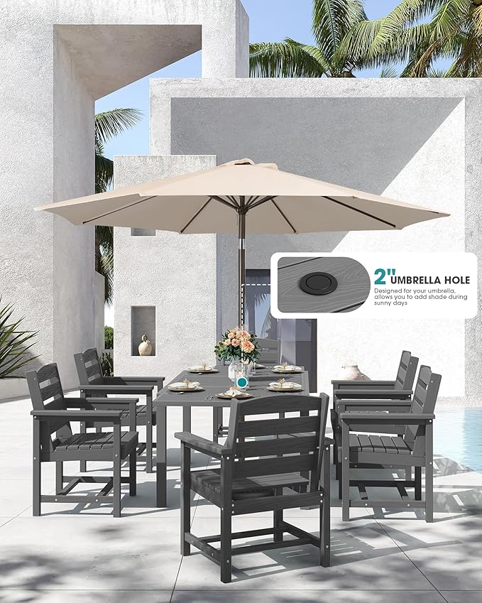 SERWALL 5-Piece Outdoor Table and Chairs, 60" - 83" Expandable Outdoor Dining Table with Aluminum Frame & HDPE Tabletop, All Weather HDPE Patio Furniture Set for Backyard, Garden, Grey