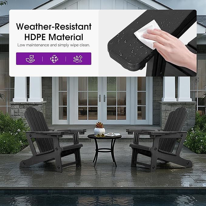 PURPLE LEAF Adirondack Chair HDPE All-Weather Outdoor Fire Pit Chair with 24.6" Oversized Seat Wood-Textured Patio Adirondack Chair with Dual Cup Holders for Garden Deck Backyard, Black