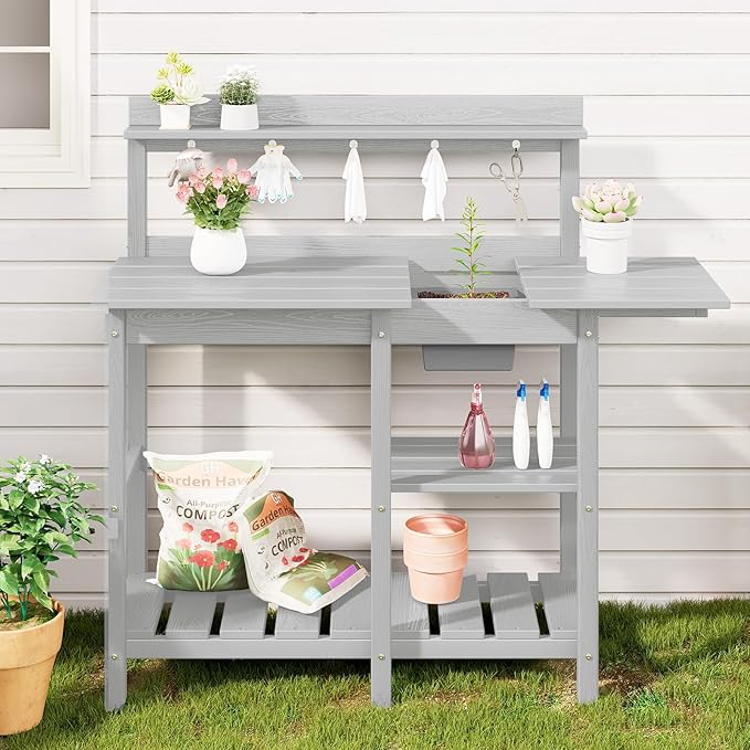 SERWALL Outdoor Potting Bench with Removeable Sink,Rot-Resistant HDPE Potting Table for Outside Gardening, All Weather Use - Spanish Gray