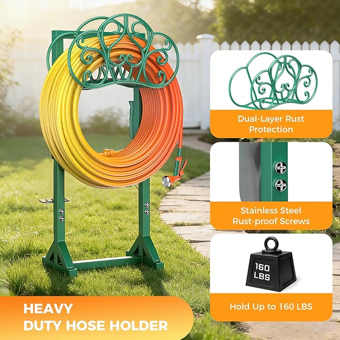 Garden Hose Holder with 2 Tool Hooks Heavy-Duty Freestanding Water Hose Holder Holds 160Ft Hoses, Rustproof Freestanding Hose Stand with 4 Spikes Hose Hanger Storage Reel Rack for Outside, Yard, Lawn