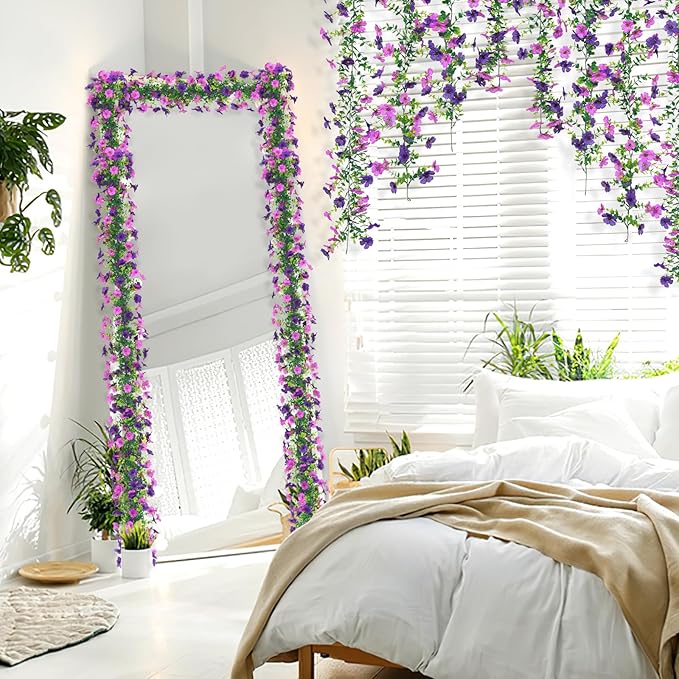 2 Pack Artificial Flowers Garland Ivy,Spring Summer Decor UV Resistant Fake Daisy Vines Floral Vine Silk Hanging Flower for Decor Home Garden Wedding Photo Booth Backdrop (Light Dark Purple)