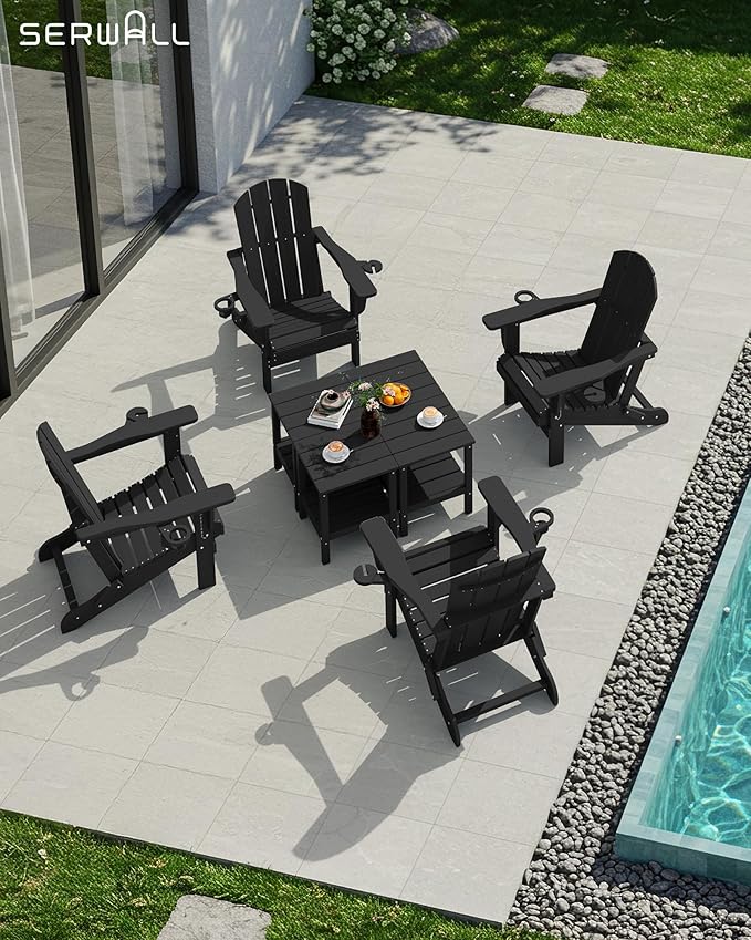SERWALL 2-Tier HDPE Outdoor Side Tables Set of 2, Weatherproof Rectangular Adirondack Side Table, Black