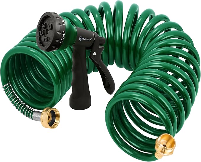 AUTOMAN Coil Garden Hose 25 ft, EVA Curly Water Hose with Brass Connectors, Recoil Garden Water Hose,Includes 7-Pattern Function Sprayer,Retractable,Corrosion Resistant Garden Coil Hose.