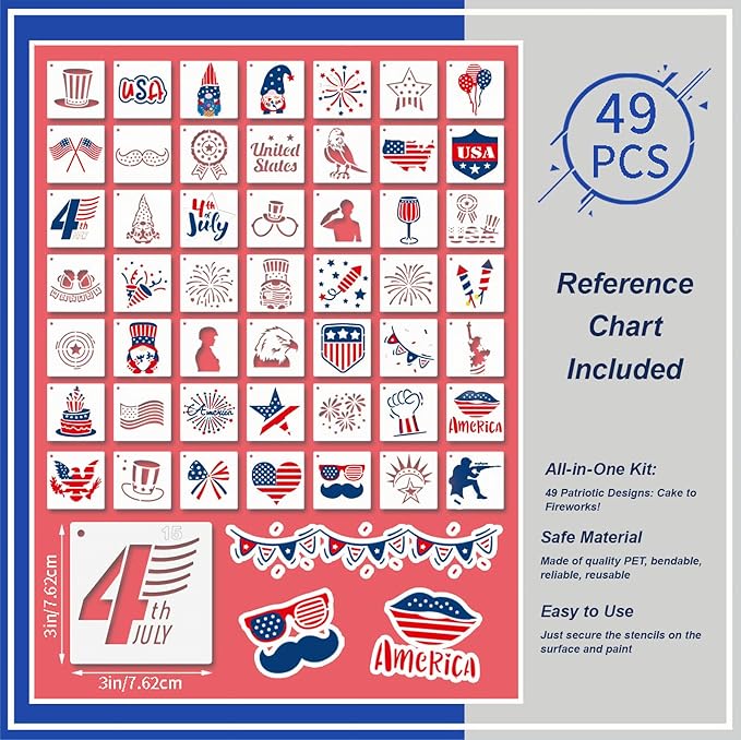 Patriotic Stencils for Painting, 49PCS Independence Day Theme Templates 3x3 Clear PET Plastic with Stars and Stripes Patterns for Cards, Cookies, Face Painting and Party Crafts
