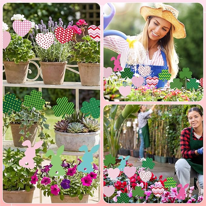 Amyhill 18 Pcs St. Patrick's Day Outdoor Decorations Easter Garden Stakes Outdoor Shamrock Bunny Garden Stakes, Metal St. Patrick's Day Easter Decor, Heart Metal Stake for Patio Lawn Yard Planter Pot