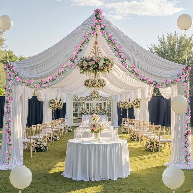 2 Pcs Artificial Flowers Garland for Outdoors Pink Faux Gardenia Garland 12Ft Silk Rose Hanging Vines Floral for Wedding Arch Party Wall Garden Ceremony Backdrop Fence Spring Decor