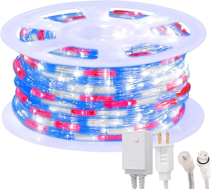 Waterproof LED Rope Lights, Connectable & Flexible with 8 Modes, Outdoor Lighting for Deck, Garden, Pool, Patio & Christmas Decor (Red/Blue/White, 100ft)