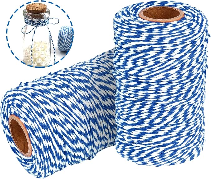 Cotton Twine String Bakers Rope: 2 Roll Twines for Crafts Gift Wrapping - 656 Feet Blue White Twine for Kitchen Cooking