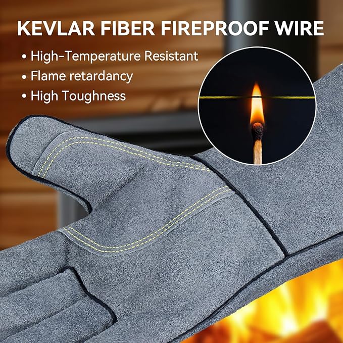 OZERO Welding Gloves for Men, 14-Inch Cowhide Leather Heat Resistant Work Gloves, EN388 EN407 EN12477 Type A Certified, Reinforced Palm, Insulated Lining, Long Cuff for BBQ Grill Oven, Black-gray