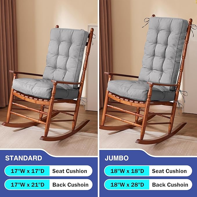 Rocking Chair Cushion, Waterproof and Fade-Resistant Patio Chair Cushions, Tufted Chair Pads for Rocker Furniture, 18x18 Inch, Indoor/Outdoor Seat Cushions with Ties, Light Grey
