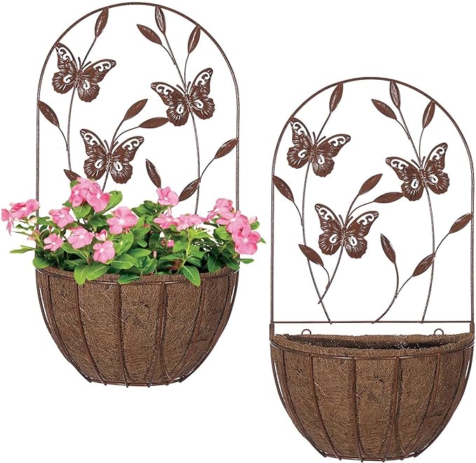 BAYN 2PK Wall Hanging Planter Decor Art with Butterfly, Metal Wall Mounted Planters Indoor Outdoor Wall Planter for Succulent Herb Home Garden Yard