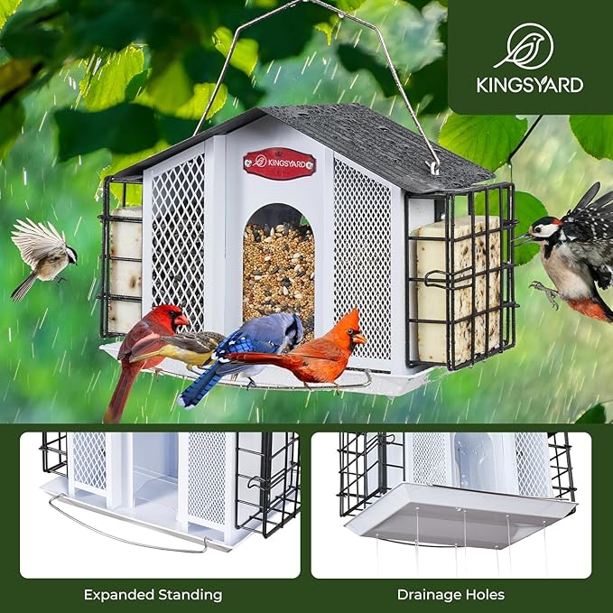 Kingsyard Large Metal Bird Feeders for Outdoors Hanging with Weatherproof Roof, 4 in 1 Removable Double Suet Feeder for Woodpecker, 4 Lbs Capacity for Cardinal Finch Chickadee, White