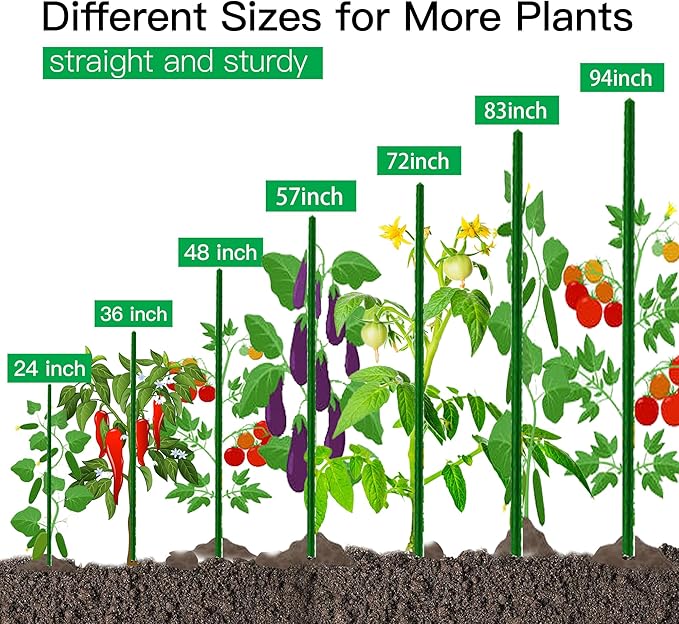 Garden Stakes 24 Inch, 2ft Metal Plant Stakes 30 Pack for Gardening and Farm, Plastic Coated Plant Support for Tomato, Cucumber, Bean, Flower, Potted More Climbing Plants
