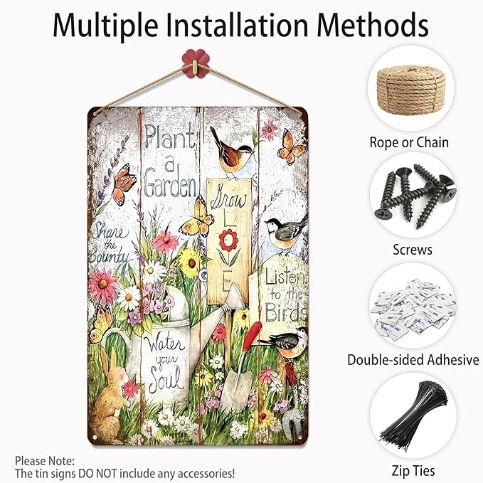 Plant a Garden Rustic Metal Tin Sign 8x12 Inch, Vintage Farm Garden Wall Decor with Birds, Flowers & Butterflies, “Water Your Soul, Listen to the Birds” Outdoor Yard Fence Plaque for Patio, Garage