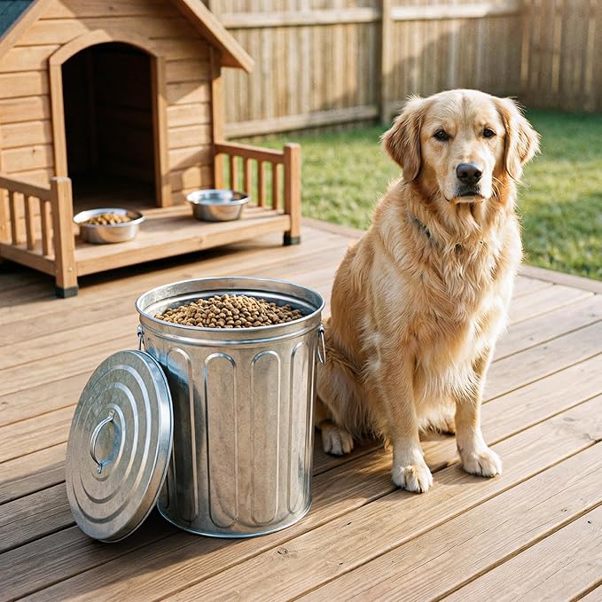 Plexon 5 Gallon Small Metal Trash Can with Lid Outdoor Galvanized Bucket with Lid 5 Gal Fireplace Ash Bucket for Wood Stove Storage Can for Dog Food Bird Seed Storage Container Rodent Pet Proof 3 Pack