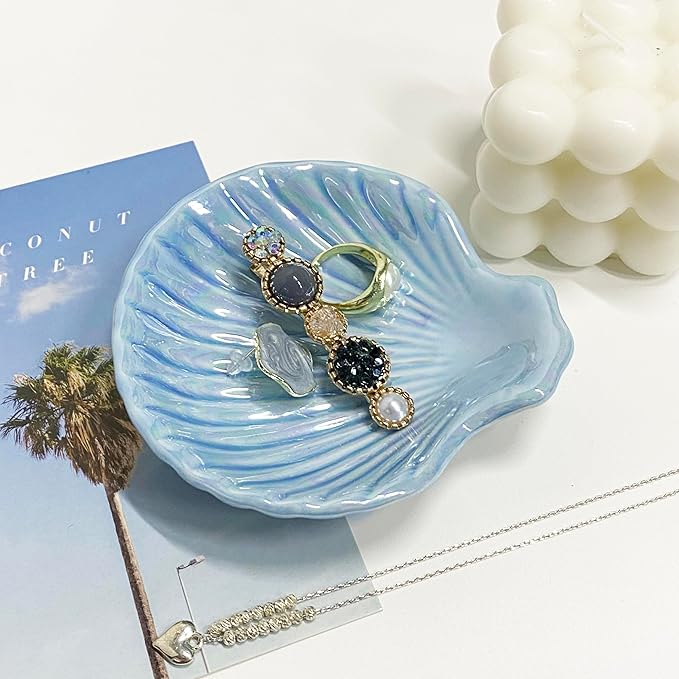 Shell Jewelry Dish Tray for Women, Ceramic Seashell Jewelry Ring Holder Dish, Jewelry Plate Trinket Dish for Necklace, Earring, Ring, Mother's Day Christmas Gift, 3.9", Sky Blue Iridescent Surface