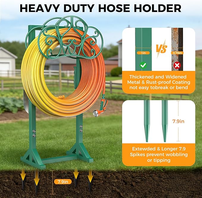 Garden Hose Holder with 2 Tool Hooks Heavy-Duty Freestanding Water Hose Holder Holds 160Ft Hoses, Rustproof Freestanding Hose Stand with 4 Spikes Hose Hanger Storage Reel Rack for Outside, Yard, Lawn