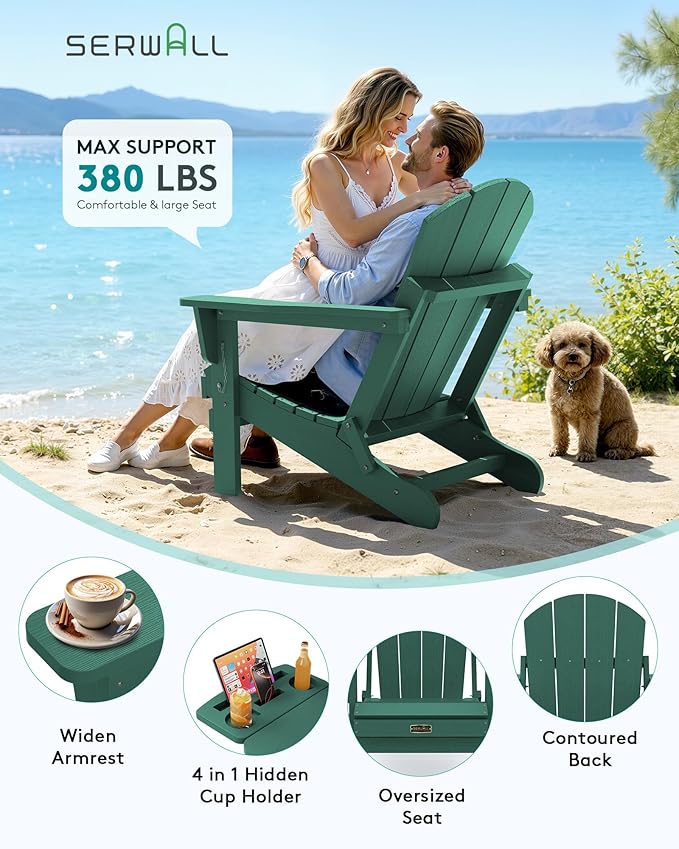 SERWALL Folding Adirondack Chair Set of 2, HIPS Adirondack Chairs with 4 in 1 Cup Holder, Weather Resistant Plastic Chairs for Patio Garden Outdoors Fire Pit - Green