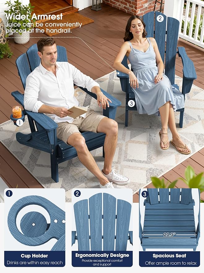 KINGYES Folding Adirondack Chair Set of 6, HDPE All-Weather Patio Chairs with Cup Holder, Wooden Textured Fire Pit Chairs for Poolside, Backyard, Deck, Navy