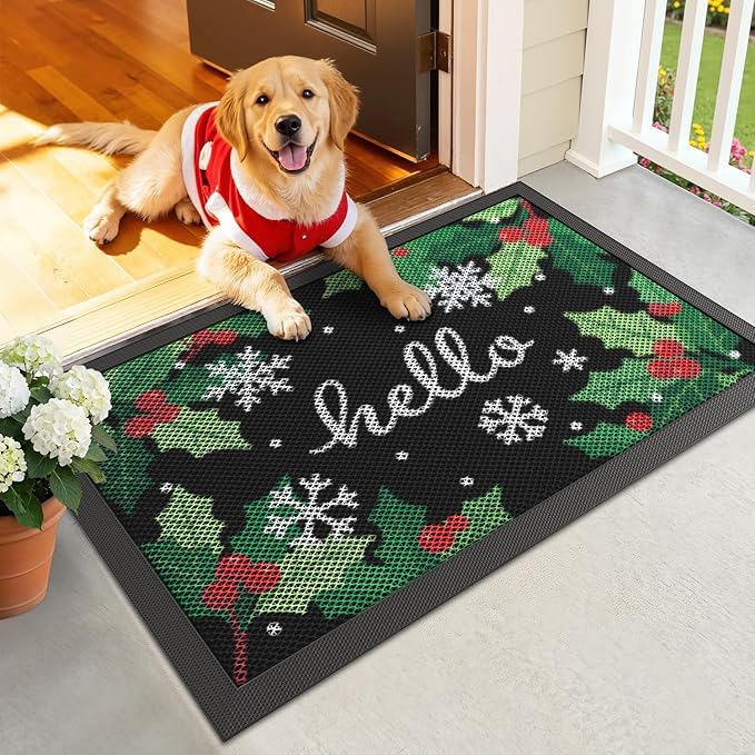 DEXI Front Door Mat Outside Entrance, 2x3 Spring Welcome Entryway Doormat Dirt Trapper, Heavy Duty Non Slip Entry Mats for Patio Garage Porch Home, Green Hello