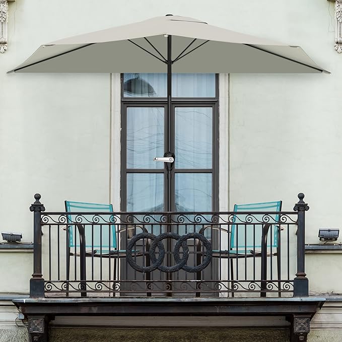 Half Umbrella Outdoor Patio Shade - 9 ft Patio Umbrella with Easy Crank - Small Canopy for Balcony, Table, or Deck by Pure Garden (Tan)