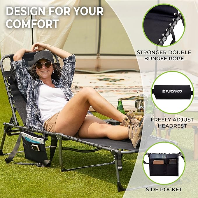 FUNDANGO Chaise Lounge Chair Outdoor, 5-Position Folding Tanning Chair with Detachable Side Table & Pillow, 180° Lay Flat Portable Beach, Heavy Duty U-Frame for Patio, Pool, Lawn, 265lbs（Black 2 pack）