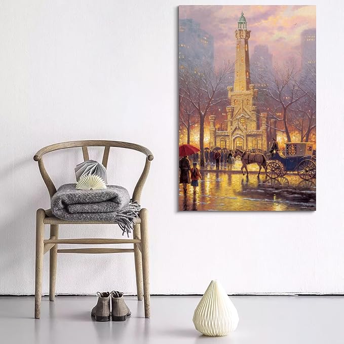 STUDIO HAVEN Thomas Kinkade Canvas Wall Art, Snowy Winter Evening Horse Drawn Carriage Pedestrians City Tower Oil Painting Poster Landscape Wall Decor, Framed Prints for Home Decor, 32x48Inch