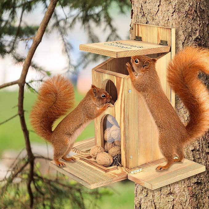 Squirrel Feeder with Standing Panel - Requires Assembly, Wooden Nut Bar Squirrel Feeders for Outside, Backyard, Wildlife, Durable Chipmunk Feeder Box for Peanut, Nuts