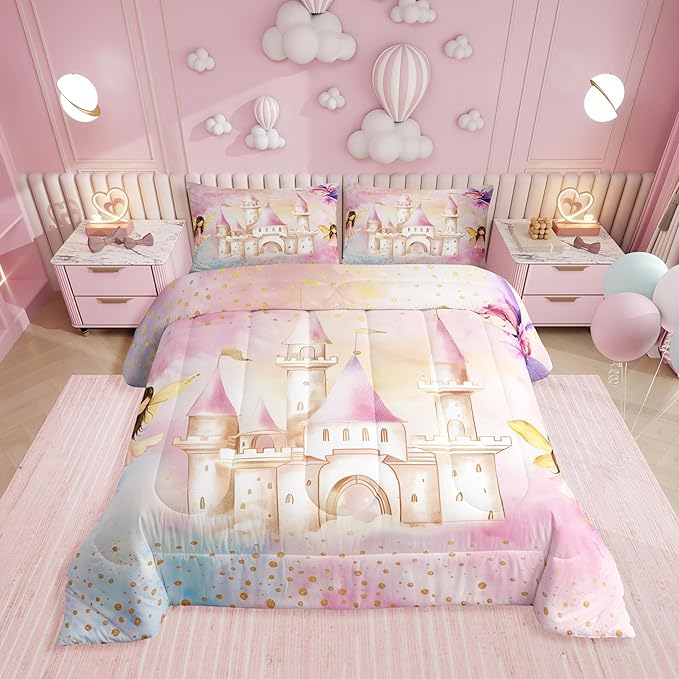 Erosebridal Princess Full Comforter Set for Girls Kids,Pink Castle Fairy Bedding Set Cute Bedroom Decor,Dreamy Princess Bed Set,Fairy Garden Coquette Comforter Reversible with 2 Pillowcases