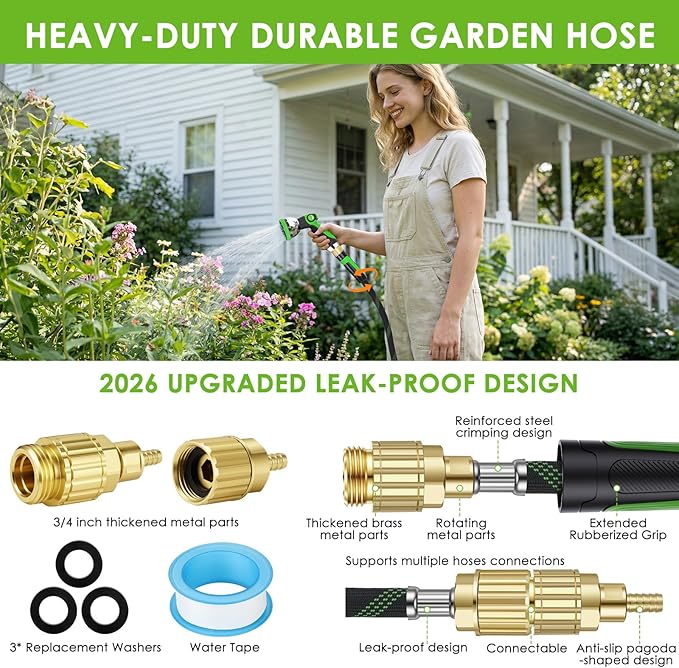 Non-Expanding Garden Hose 25 ft, Lightweight Hose & Flexible Water Hose With 10-Pattern Spray Nozzle, Kink-Free Design, Durable Leakproof Yard Outdoor Hose, Portable Storage Strap, 25 Feet