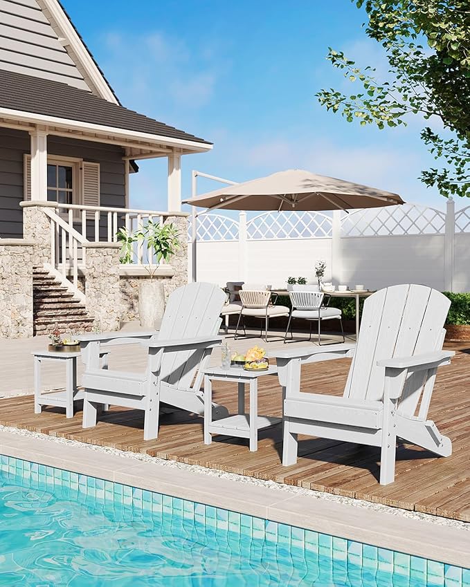 GarveeLife Folding Adirondack Chairs, HDPE Outdoor Patio Chairs All Weather Resistant with Wood Texture for Fire Pit, Deck, Patio, Pool, Backyard - White