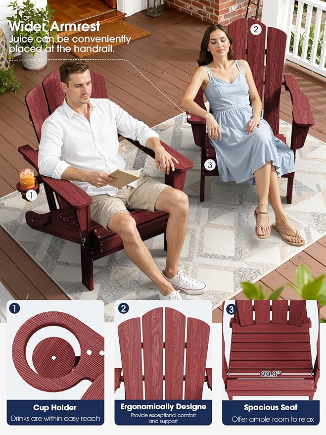 KINGYES Folding Adirondack Chair Set of 6, HDPE All-Weather Patio Chairs with Cup Holder, Wooden Textured Fire Pit Chairs for Poolside, Backyard, Deck, Red