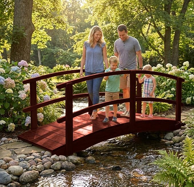 8 FT MAHOGANY Amish Made Garden Bridge with DOUBLE RAILS for Walkway, Backyard Pond & Landscaping, Outdoor Wooden Footbridge for Koi Pond, Japanese Style Decorative Bridge, Made in USA