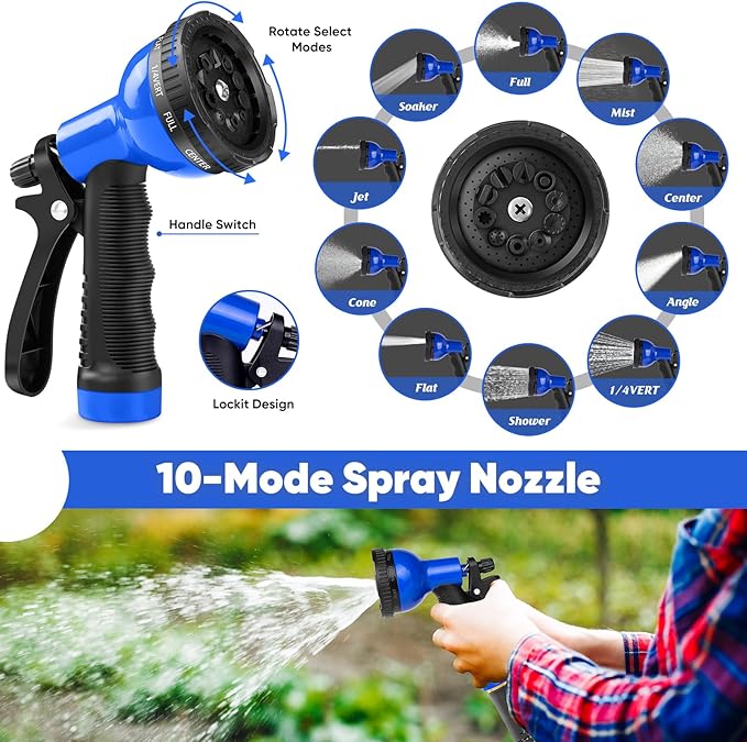 Garden Hose 50 ft, Stainless Steel Metal Hose, Flexible Water Hose with 10 Function Nozzl, Kink Free, Leak-Proof, Heavy Duty Hose for Yard, Outdoor, Lawn, RV, Car Wash and Camper Use