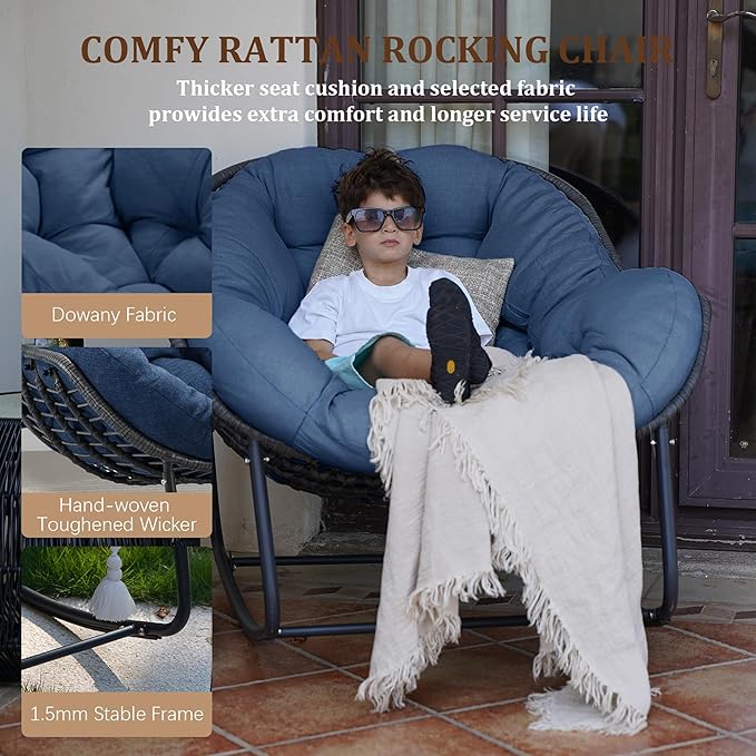 Oversized Rocking Chair Outdoor Set of 2, Rocking Papasan Chair, Patio Egg Chair with Padded Cushion, Outdoor Wicker Rocking Chair for Front Porch, Garden, Patio (Navy Blue)