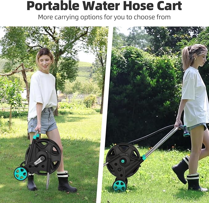 Garden Hose Reel for Outside,Hold Up to 100-120 ft of 5/8’’ Hose,Metal Hose Reel Cart with Adjustable Armrests and 2 Wheels,Durable Water Hose Holder for Garden, Yard, Lawn