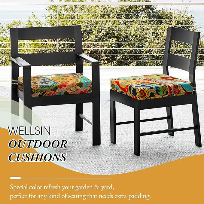 Wellsin Outdoor Chair Cushions for Patio Furniture - Outdoor Cushions for Chairs - Water Resistant Patio Chair Cushions Set of 4, 18.5"X16"X3", Flower