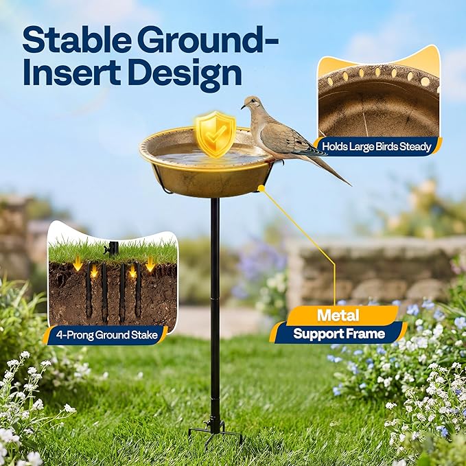 VIVOHOME Bird Bath for Outside, Outdoor 13'' Birdbath Bowl with Metal Ground Stake, Weather-Resistant ABS Bird Bath and Feeder for Garden, 1.45 Gallons, Copper
