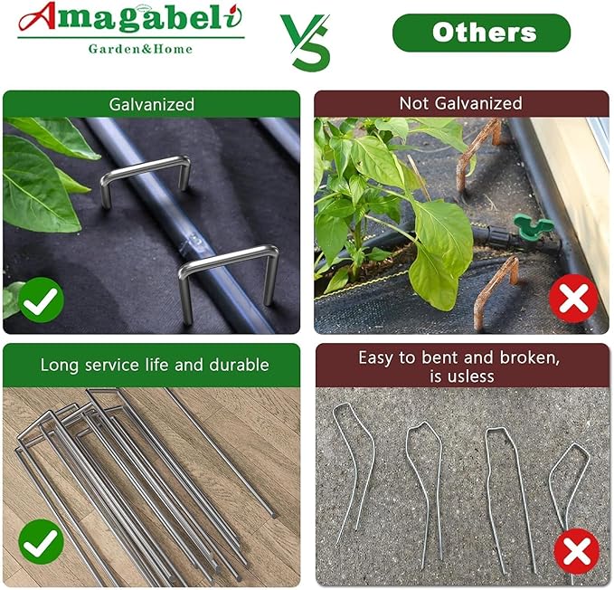 AMAGABELI 6 Inch 200 Pack Galvanized Landscape Staples 11 Gauge Anti-Rust Heavy Duty Garden Stakes Plant Cover Spikes U-Shaped Sod Pins Fence Stakes for Weed Barrier,Irrigation Tubing,Lawns,Decoration
