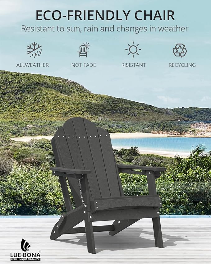 LUE BONA Folding Adirondack Chair, Chairs Set of 4, Cup Holder, Woodgrain, Fire Pit, Patio, Pool, Black