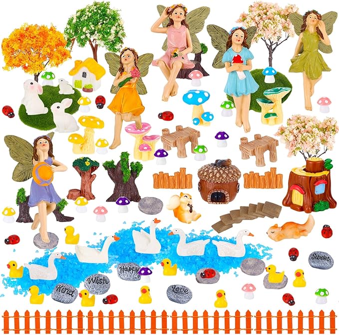 92 PCS Mini Fairy Garden Accessories Kit Cute Tiny Figurines Set DIY Micro Landscape Decor Resin House Bridge Animal Plant Ornament for Terrarium Dollhouse Succulent Craft Potted Horticulture