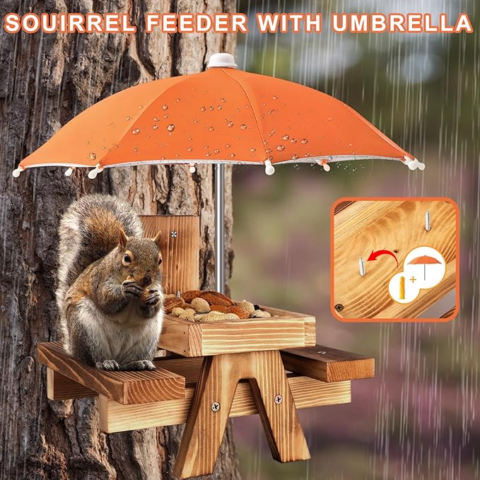 Gnodary Squirrel Feeder with Umbrella, Squirrel Feeders for Outside, Squirrel Picnic Table Feeder - Chipmunk Feeder Hold Corn, Corn Cob, Peanuts (Orange)