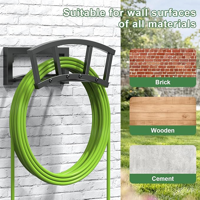 Garden Hose Holder Wall Mounted, Outdoor Heavy Duty Metal Water Hose Holder Hanger Holds 125-ft Water Pipe, Sturdy Detachable Hose Storage Organizer Reel Rack for Outside Garden Lawn Yard Farm