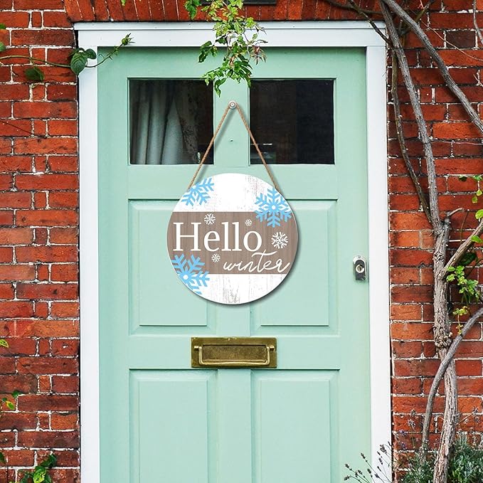 Blue Snowflakes Door Sign For Front Door Decor,Hello Winter Wooden Sign 12"x 12" Round Wood Hanging Door Sign Winter Decoration for Wall Rustic Decor