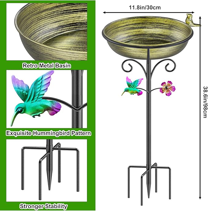 38.6in Bird Baths for Outdoors, Detachable Birdbaths for The Garden Clearance, Freestanding Bird Baths for Outdoors, Bird Bath Bowl Spa & Birdfeeder with Metal Stake Stand (Retro Gold)
