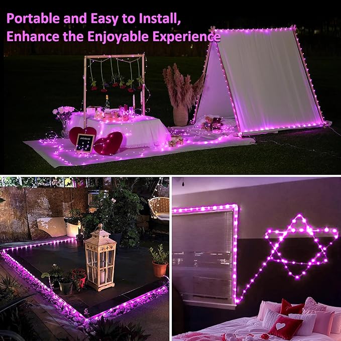 JMEXSUSS 2 Pack Pink String Lights Battery Operated Rope Lights Outdoor, 33ft 100 LED Battery Powered Christmas Lights with Remote, 8 Modes Pink Fairy Light for Garden Party Valentines Day Decorations