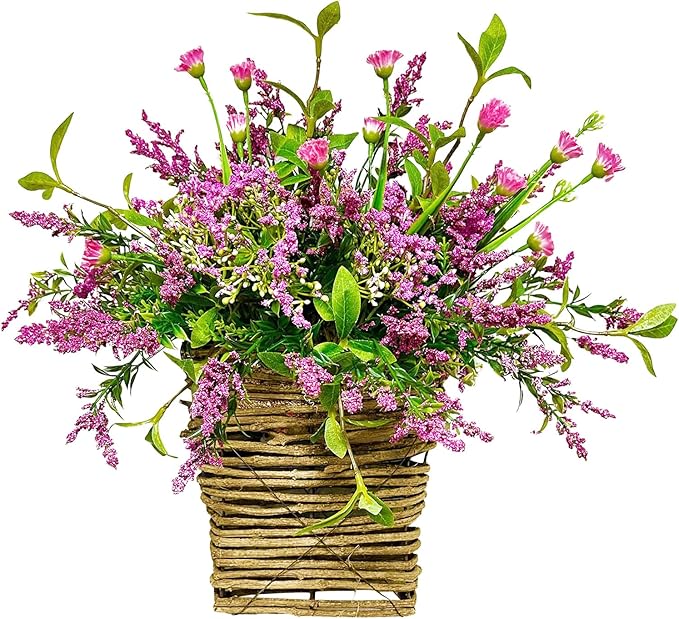 Wildflowers Door Hanging Basket, Spring Front Door Wreath for Porch Farmhouse Decor, Artificial Spring Flowers Hanging Ornament